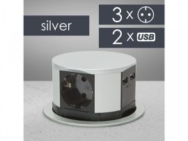 Rejtett elosztó bútorlapba építhető, kör alakú MINI (3-as+2 USB) ezüst
